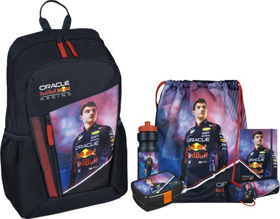 Max Verstappen School Set; rugzak, gymtas, bidon, lunchbox, schrift & etui