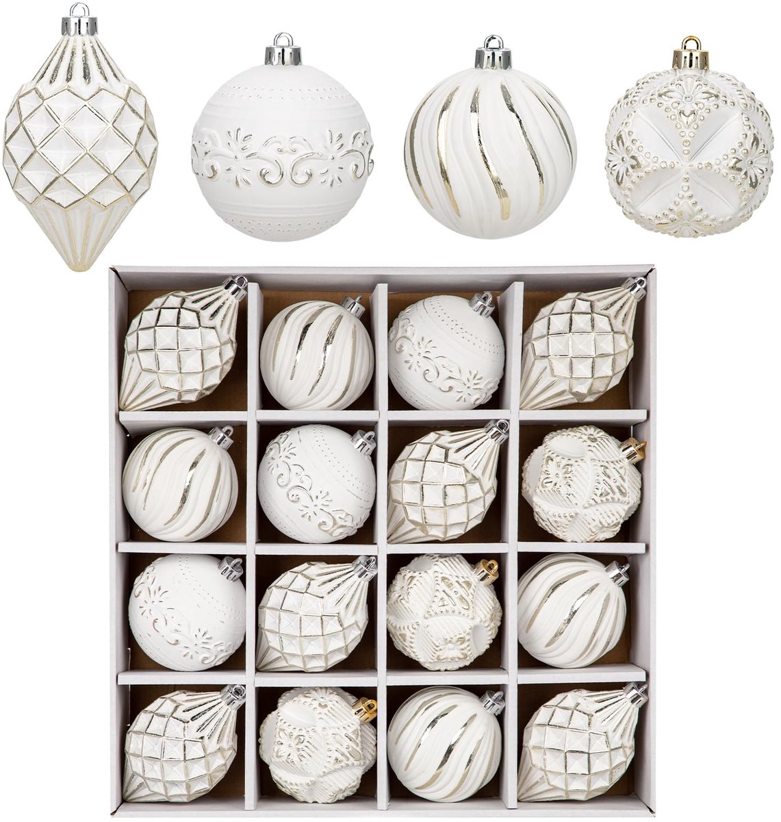 Oairse 16 stuks kerstboomballenset, onbreekbare kerstballen, ornamenten in verschillende maten, kerstdecoraties voor boom, rustiek, Thanksgiving, vakantie, bruiloft, feest, huisdecoratie, wit en