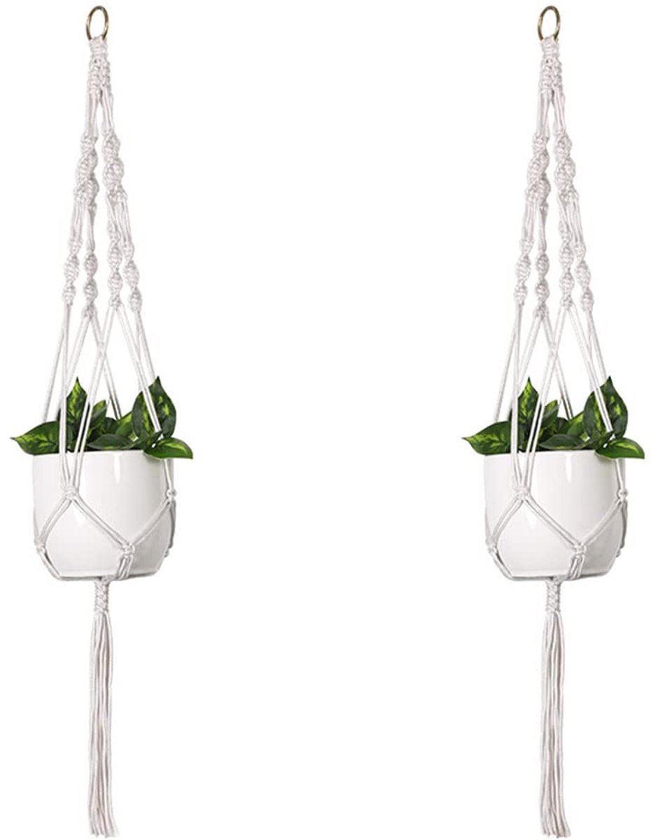 2 Pack 105CM macramé plantenhangers, hangende plantenmanden hanger met kwastjes bloempothouder katoenen touw