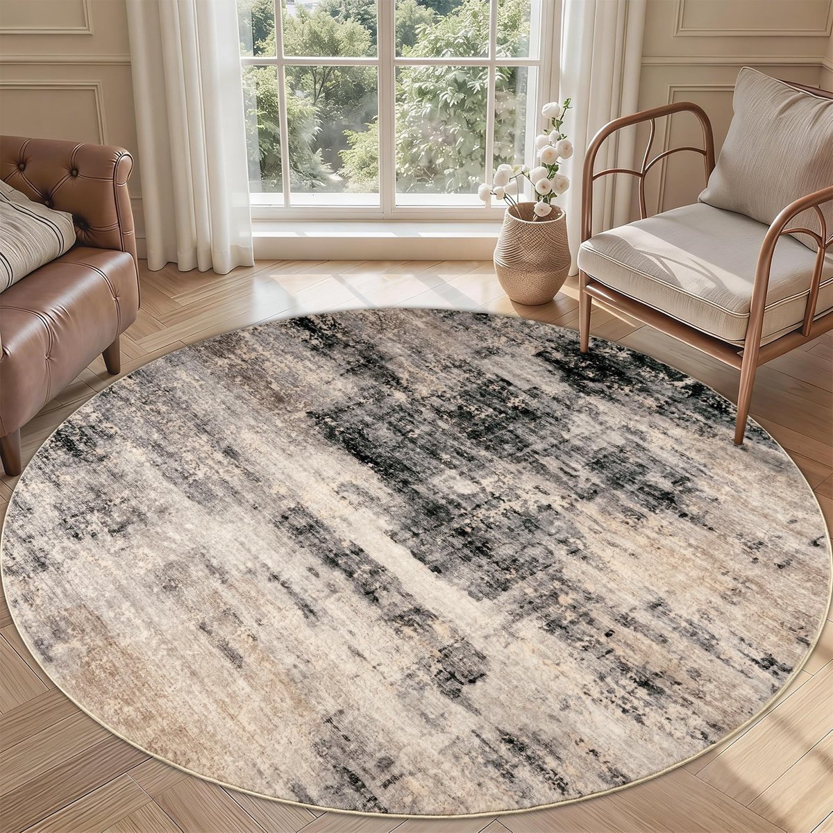 Rond voor Slaapkamer 160cm Modern Beige Tapijt Wasbaar Antislip Vloerkleed Rond voor Woonkamer Kinderkamer Eetkamer Kantoor