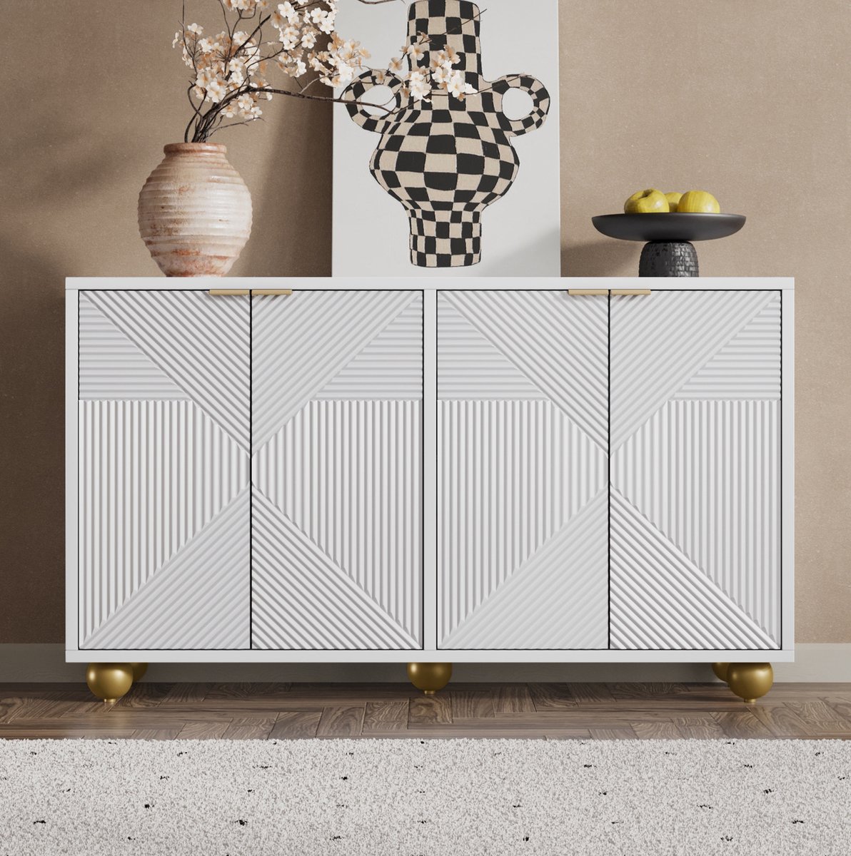 MIVRAY Dressoir - Vier Deuren Met Gegraveerd Front En Verstelbare Planken - Voor Woonkamer Eetkamer Of Hal - MDF - 120x35x71,5 Cm - Wit