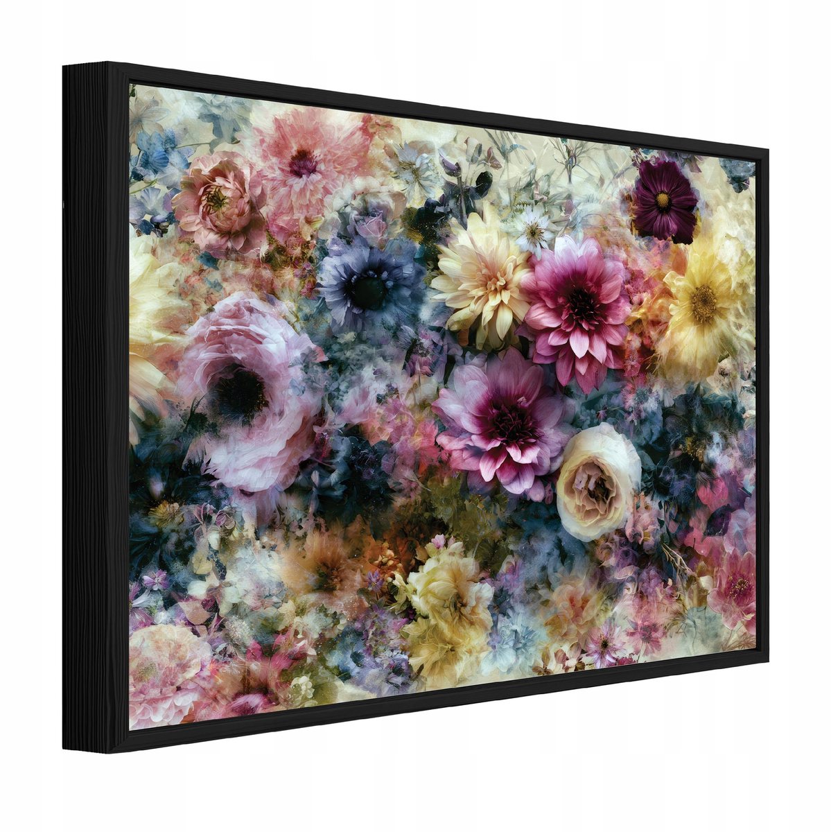 Schilderij op canvas in zwarte lijst - 100x70 cm - rozen in loftstijl - wanddecoratie woonkamer en slaapkamer