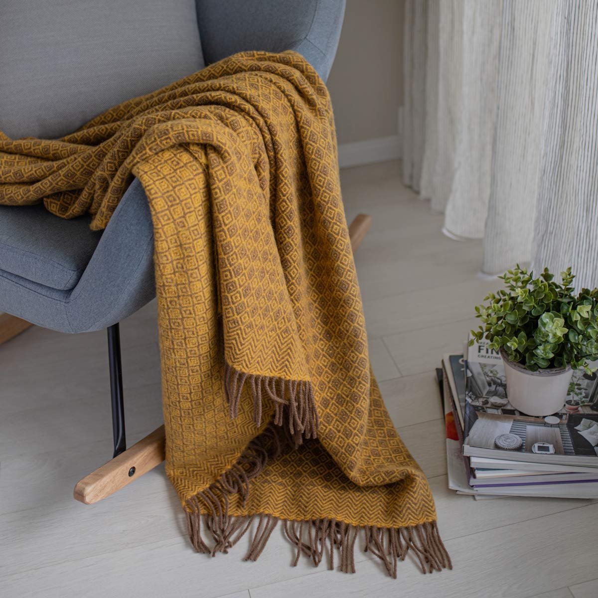 Wollen Deken Woondeken Knuffeldeken Paris met Ruitpatroon - 100% Nieuw-Zeelandse Wol, Bruin Geel (140 x 200 cm) Huis Deken Decoratie Textiel Woonkamer Slaapkamer Sprei