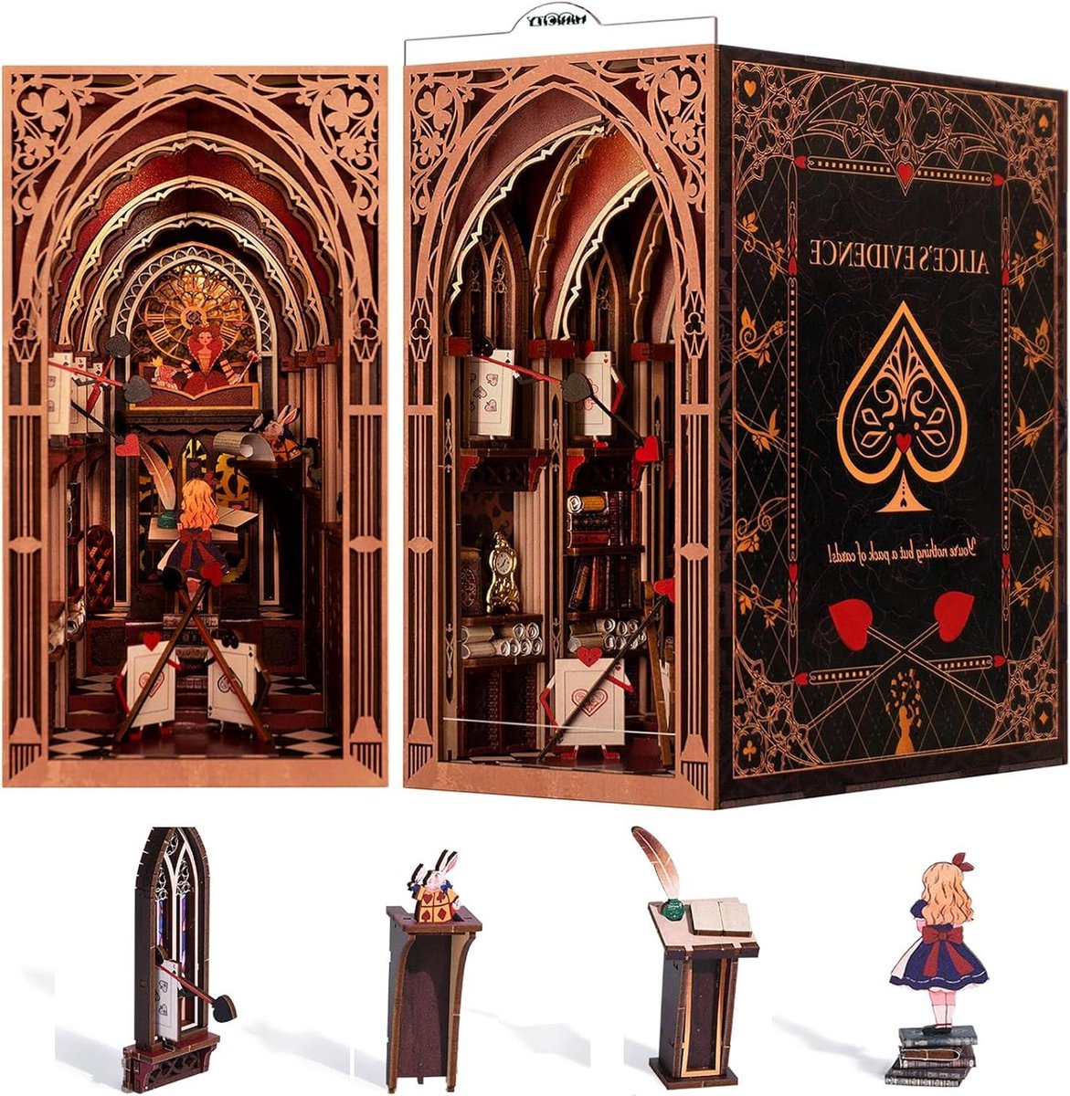Miniatuur Boekenhoekset - 3D Poppenhuis - Hobby Project - Met Ledverlichting - 23 cm Hoog - Houtkleurig