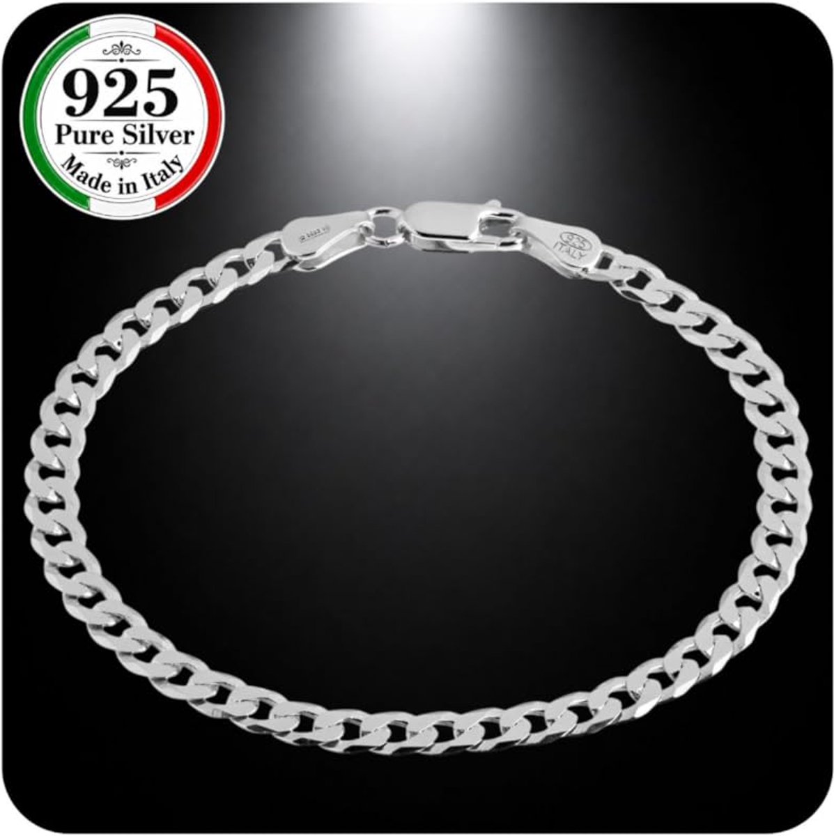 Elegante armband voor heren bestaande uit een met diamanten bezette pantserketting (Cuban), 925 echt zilver, breedte 7 mm, lengte 19, 20,3 of 21,6 cm, Made in Italy