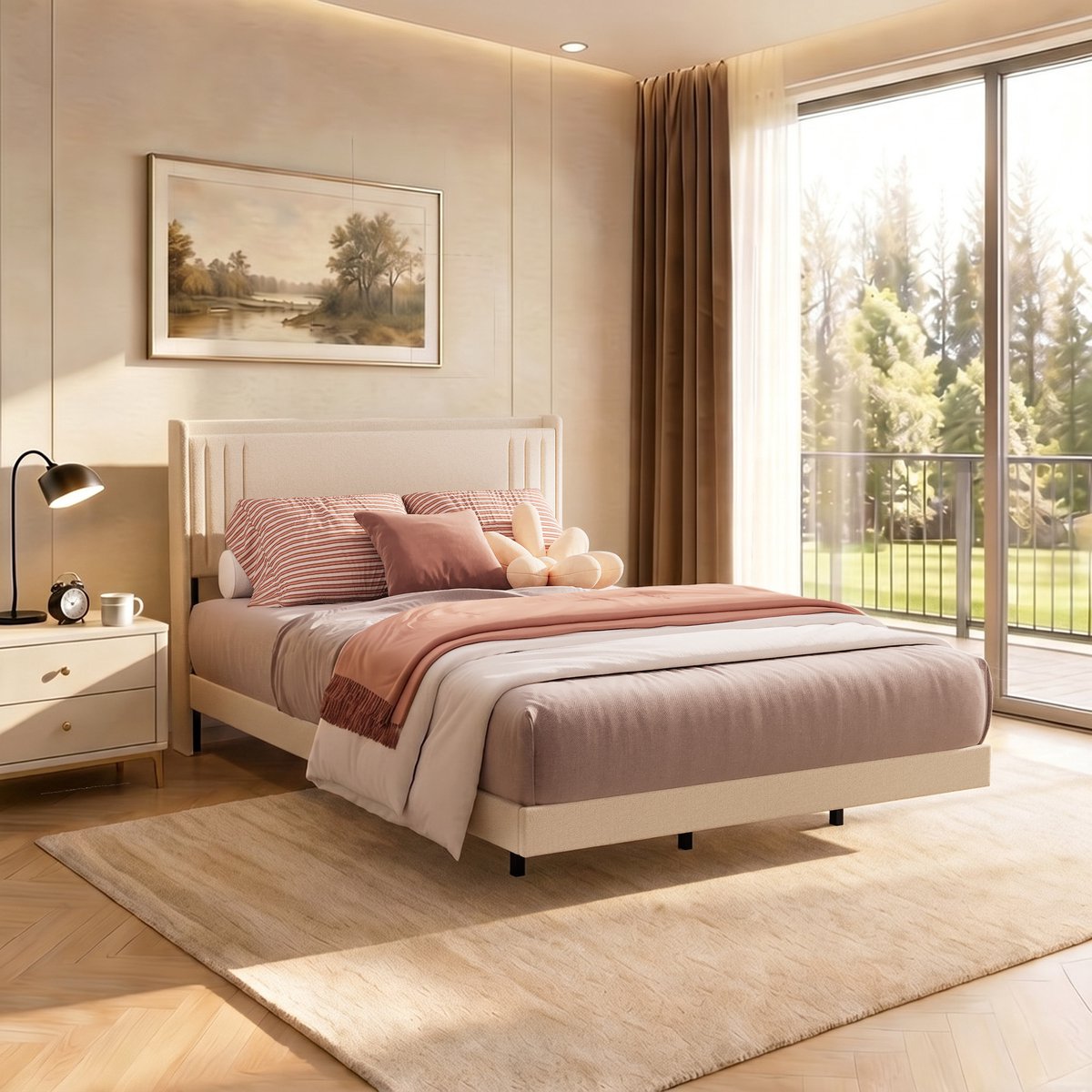 Bealife BF29 Bed 140 x 200 cm - Gestoffeerd bed - Tweepersoonsbed - Zwevend Design - met LED-Verlichting - USB & Type-C - Beige