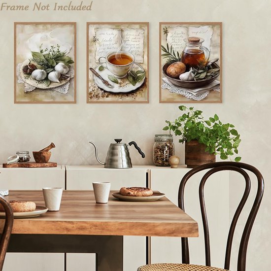 3-delig Vintage Rustieke Keuken Wandkunst, Knoflook Kruiden Thee & Boek Afbeeldingen voor Thuis Eetkamer Restaurant Decor 30x40 cm Niet Ingelijst — afbeelding 3