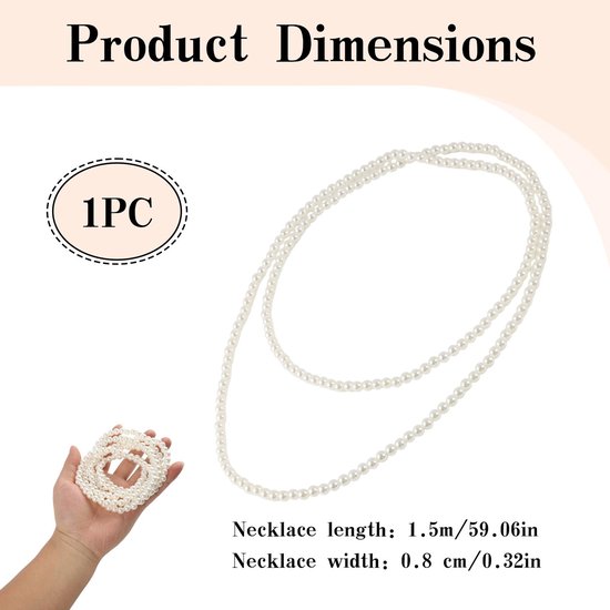 Parelketting 150 cm wit, mooie glazen halsketting 8 mm, veelzijdig draagbaar, voor Gatsby-feest, kostuum en accessoires voor dames — afbeelding 5