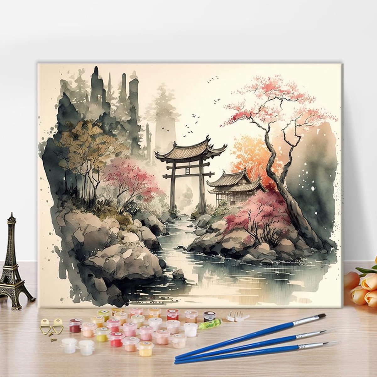 Schilderen op nummer voor volwassenen, Japans landschap met kersenbloesem, doe-het-zelf kunstset, aquarel, canvas, beginners, ontspanningstherapie, natuurlijke decoratie, 40,6 x 50,6 cm
