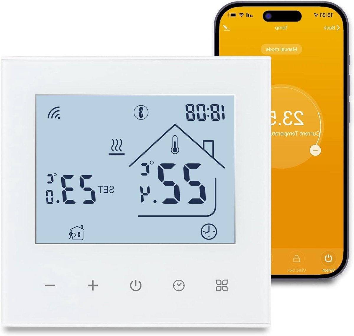 Slimme Thermostaat - Programmeerbare Kamerthermostaat - Water Verwarming - Wifi Bediening - 8.8 x 8.8 cm - Wit