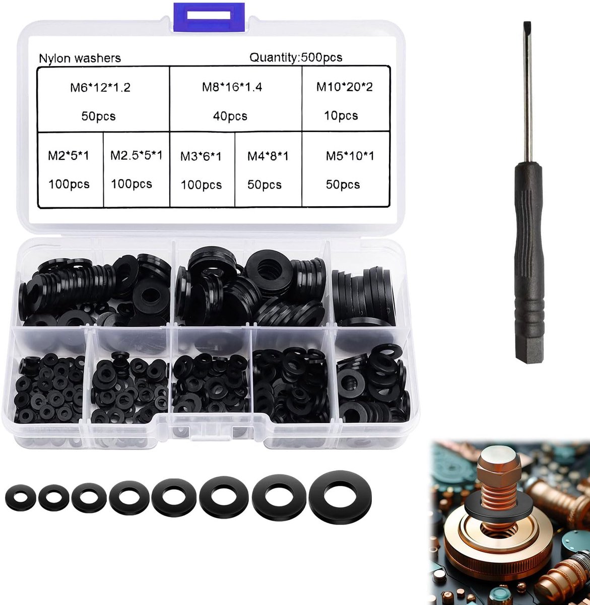 500 stuks sluitringen, kunststof, zwarte afstandschijven, platte sluitringen, afdichtingen, afstandringen voor industriële bevestigingen, mechanische M2/M3/M4/M5/M6/M7/M8/M9/M10