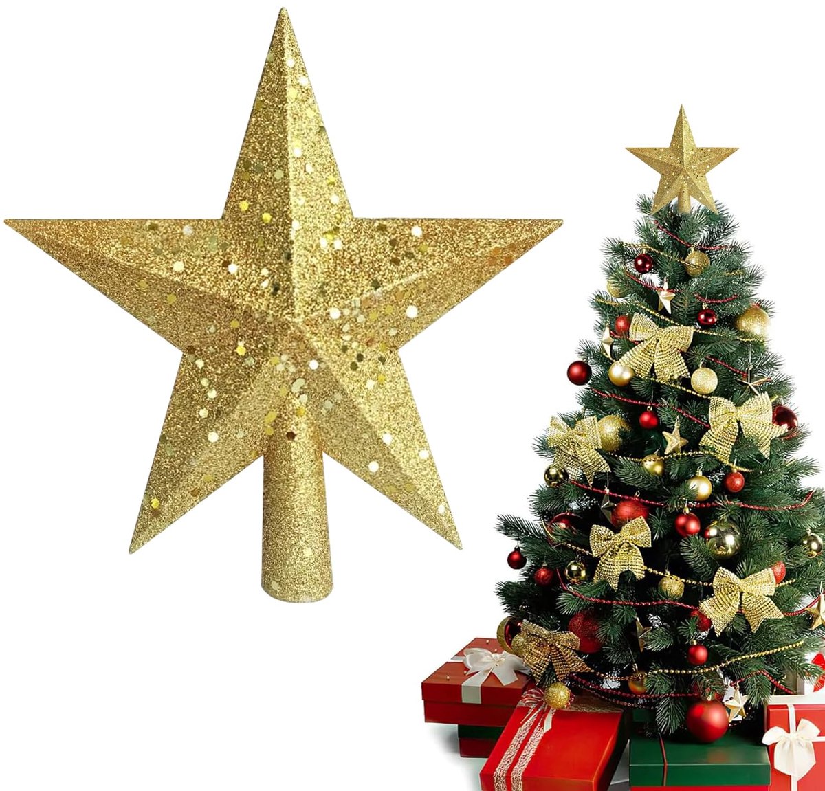 Kerstboompiek ster goud, glitter kerstboompiek ster kerstboomversiering topper ornament, 20 cm pentagram boompiek kerstboom topper voor Xmas Home Party Decoratie