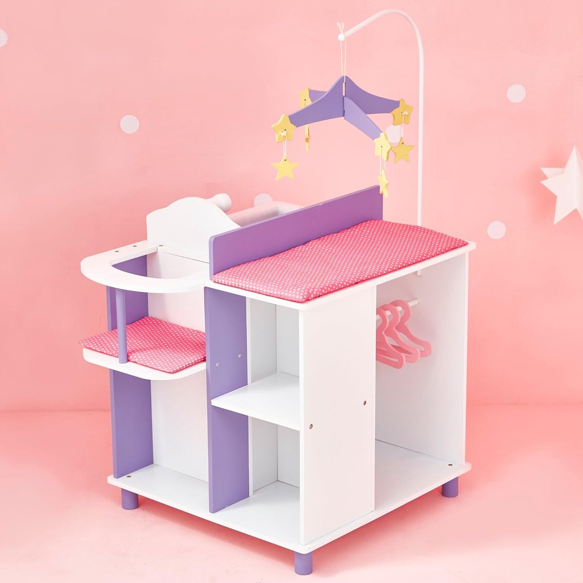 Poppen commode - Baby station - Poppen verzorgen - Inclusief accessoires - 58 x 48 x 98 cm - Paars/Wit – foto 4