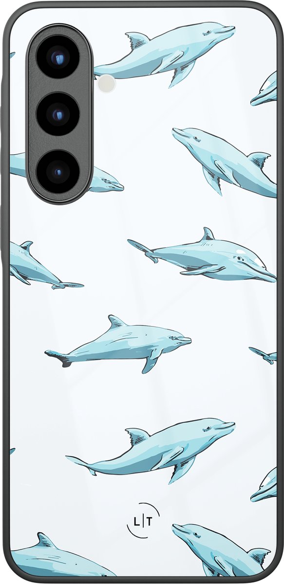 Hoesje geschikt voor Samsung Galaxy A56 - Dolfijnen - Luxe Glazen Hardcase - Print / Illustratie - Blauw