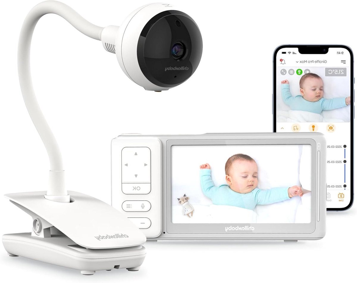 Videobabyfoon met Camera - Babyfoon met Beeldscherm - Baby Bewaken - Flexibele Cliphouder - 5 inch Scherm - Wit