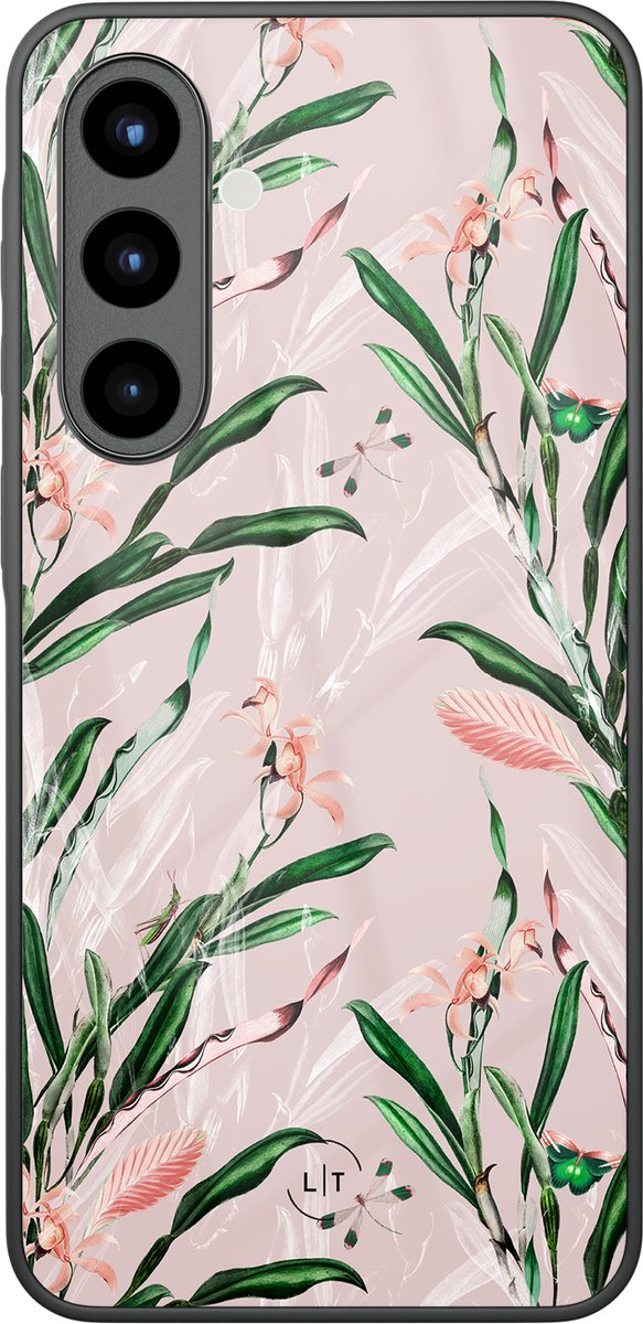 Hoesje geschikt voor Samsung Galaxy A56 - Pink botanical - Luxe Glazen Hardcase - Planten - Multi