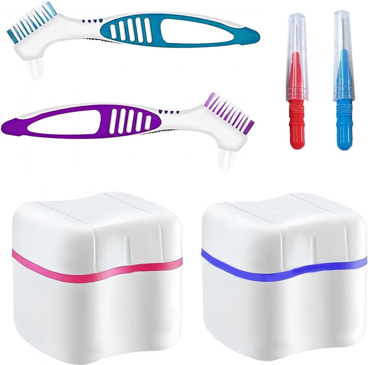 Prothese Etui - Tandprothese Houder - Prothesen Reinigen - Met Afneembare Zeef - 2 Stuks - Paars Blauw Rood Roze