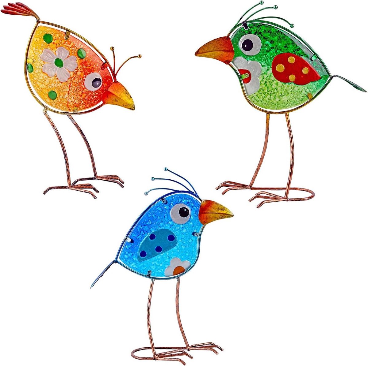 Metalen Vogel Decoratie - Tuinbeelden Set - Tuin Aankleden - Handgemaakt Glaswerk - Set van 3 - Blauw Groen Geel