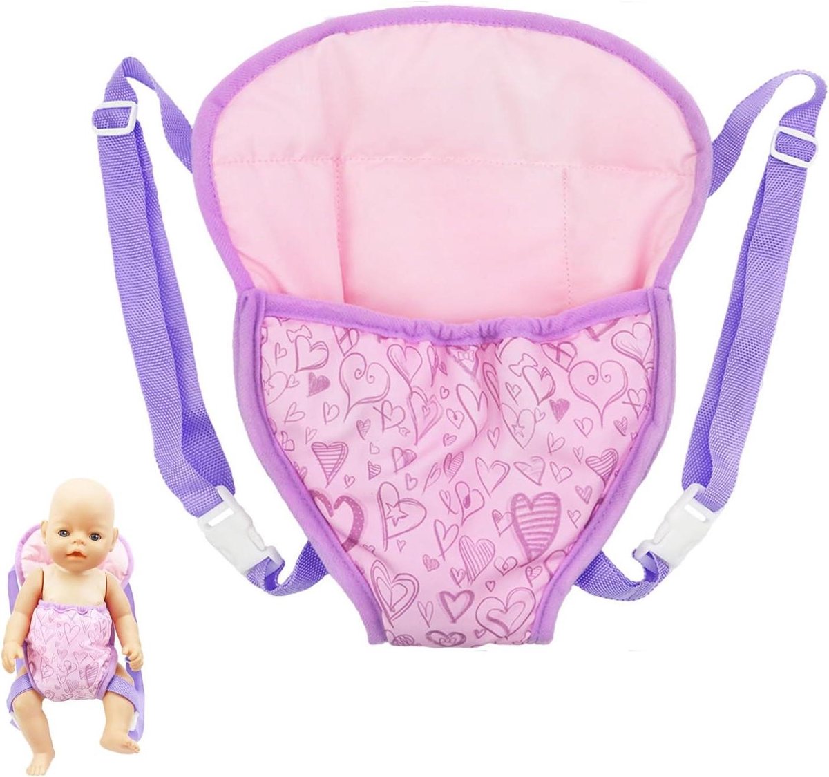Babydrager voor poppen - Poppentas draagtas - Rollenspel spelen - Verstelbare polsband - 356 tot 457 cm - Roze en paars