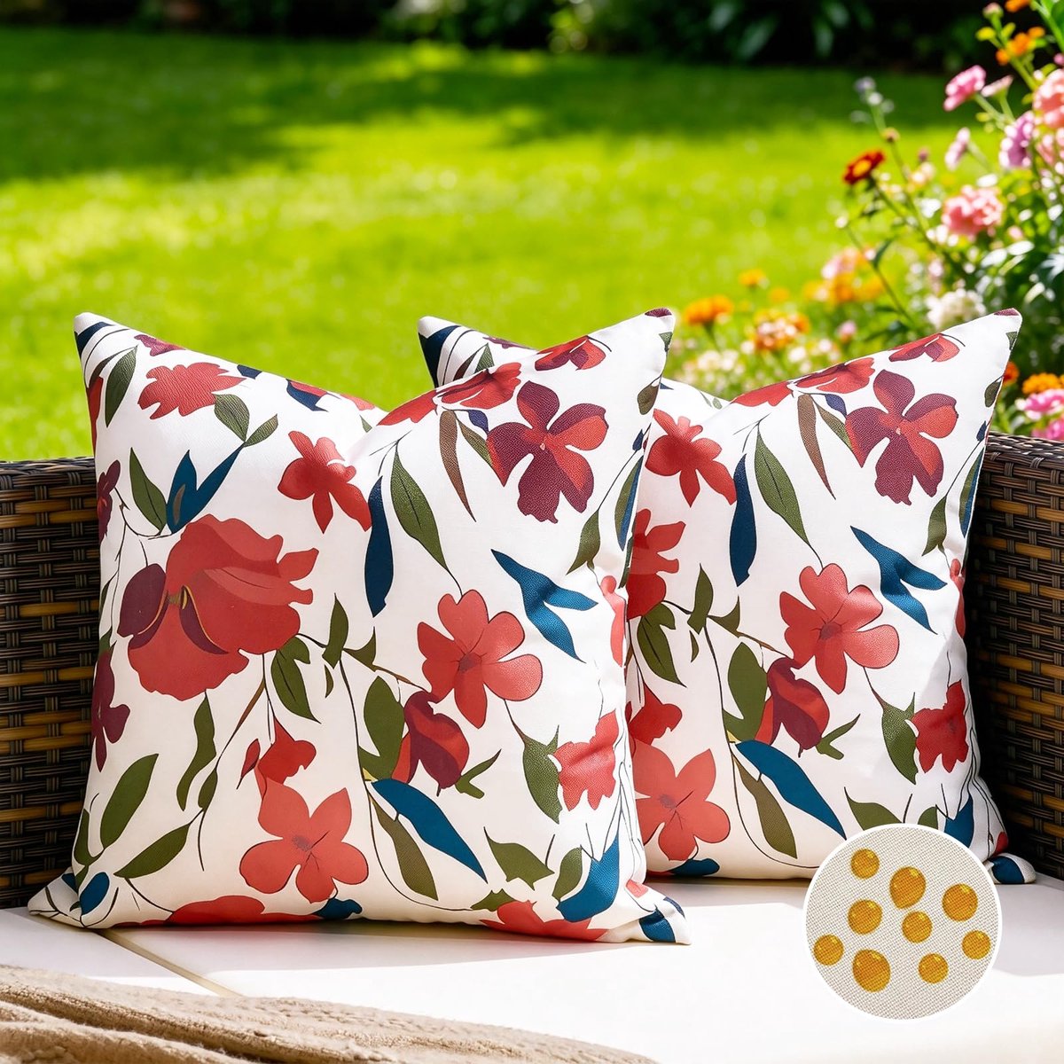 Kussensloop, 40 x 40 cm, weerbestendig, voor buiten, zomer, rode bloemen, groene bladeren, bedkussen, decoratieve kussenslopen voor woonkamer, tuin, bank, fauteuil, 2 stuks