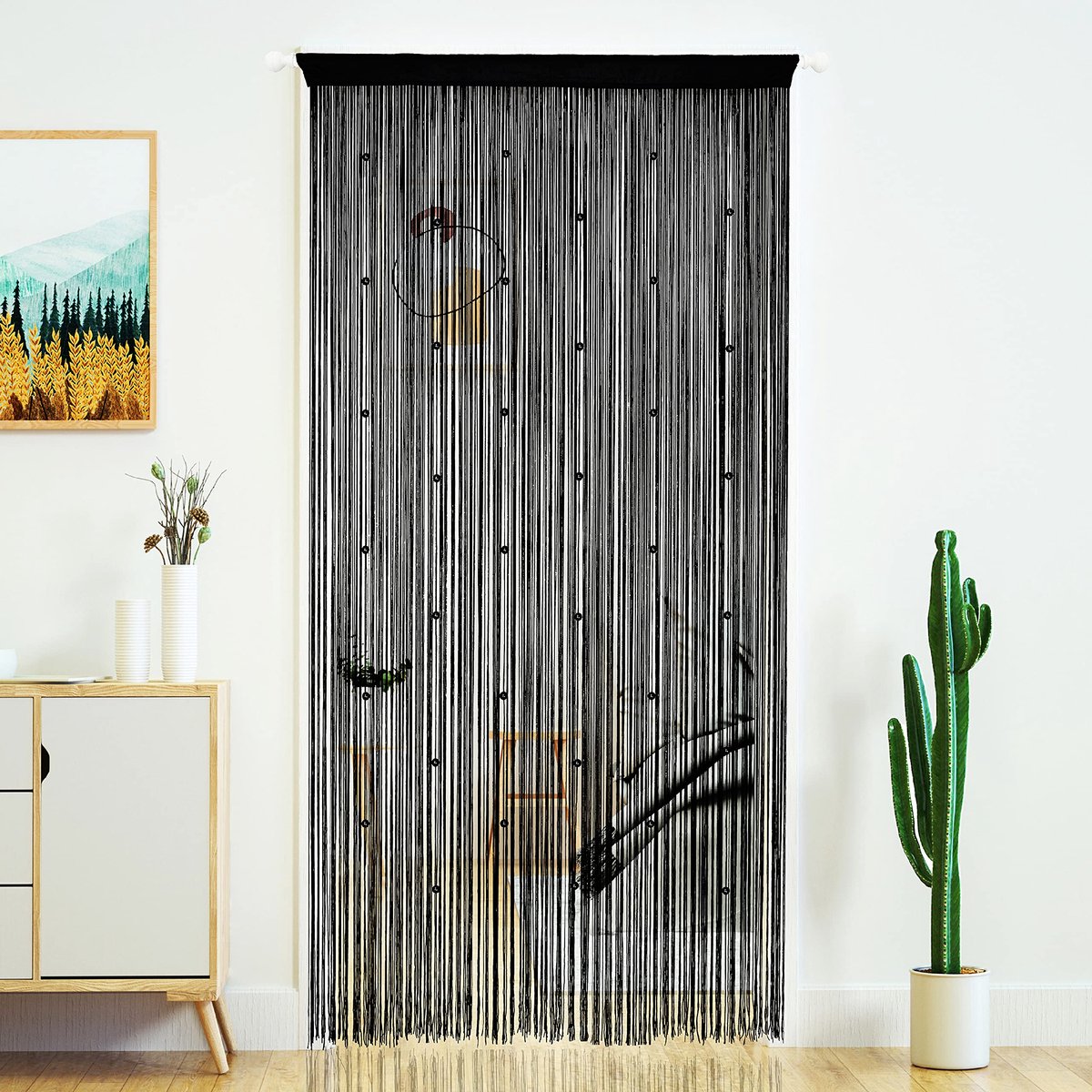 Gordijndeur String Gordijnen voor deuropening Kwasten Kralen Opknoping Fringe Hippie Kamer Divider Venster Hal Entree, Wandkast Slaapkamer Privacy Decor (39 × 110 in/100 × 280 cm, Zwart)