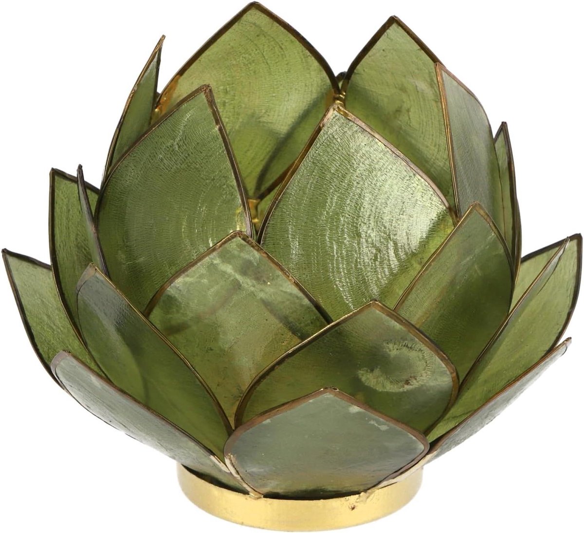 Lotus theelichthouder - Kaarshouder decoratie - Sfeerverlichting huis - Natuurlijke schelp - 20 cm - Olijfgroen