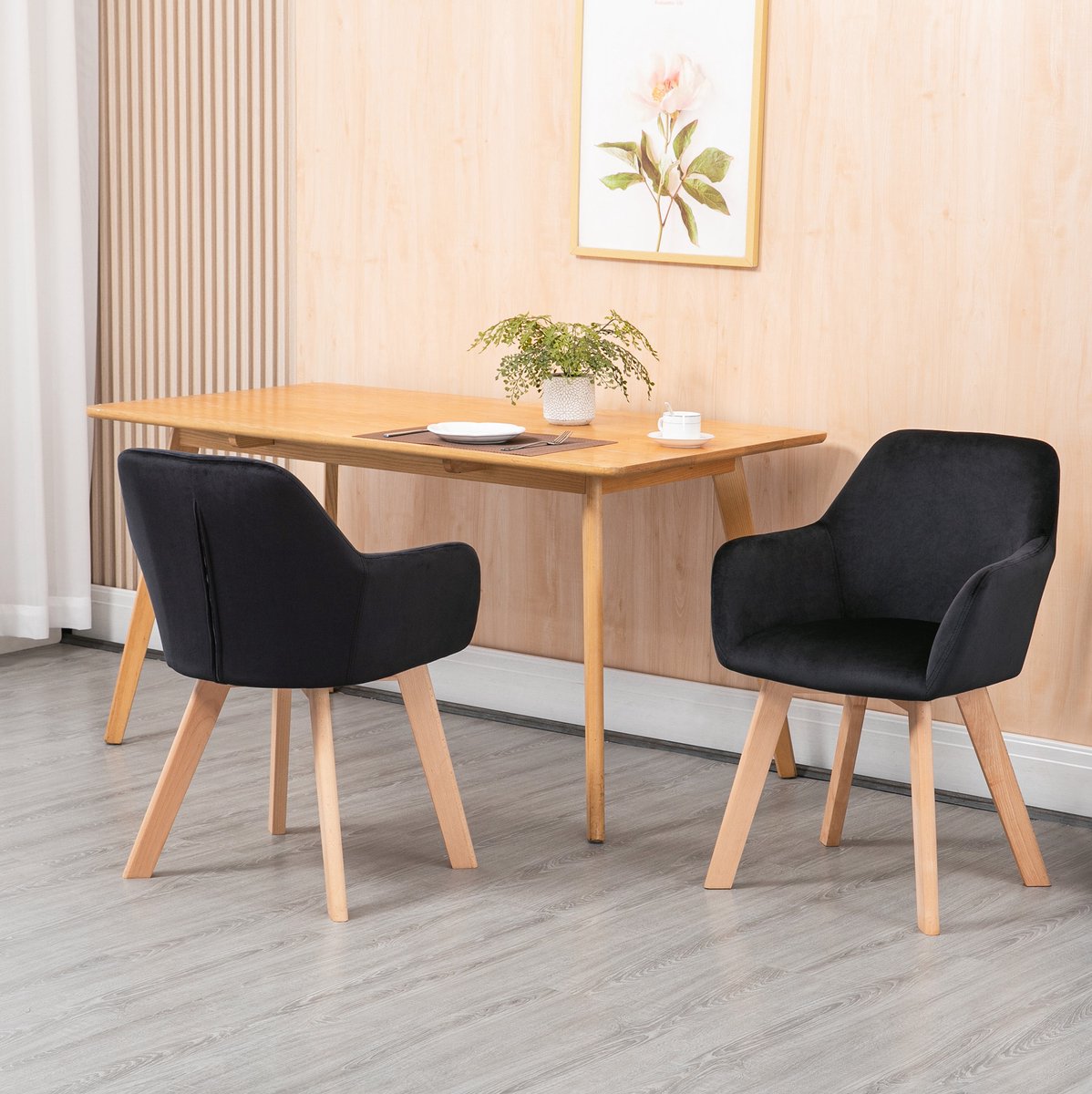 MEUNIQ eetkamerstoel set van 2 met armleuningen en ergonomische rugleuning, zwarte polyester bekleding, houten poten, 54 x 57 x 80 cm, belastbaar tot 120 kg