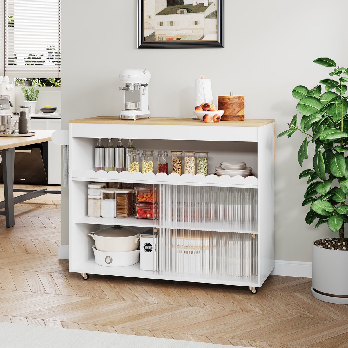 MIVRAY Keukenkast - Opklapbaar Keukeneiland Met Verstelbare Planken En Wielen - Voor Keuken En Eethoek - Wit Naturel - 122x46x91 Cm