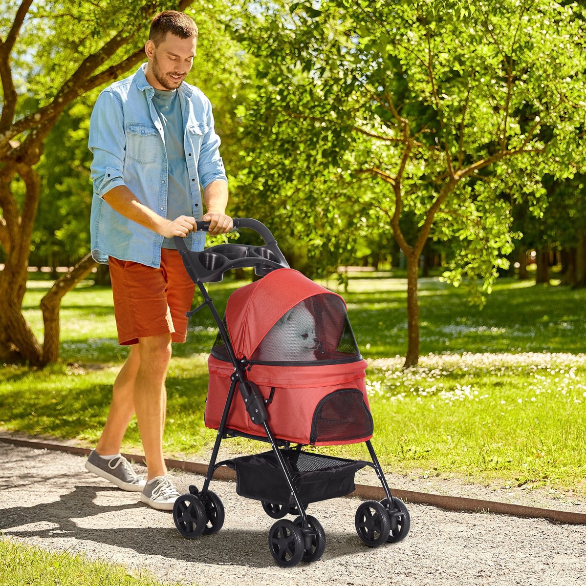 MEUNIQ hondenbuggy opvouwbaar 67 x 45 x 96 cm met 360° voorwielen, remmen achter, opbergmand en 2 bekerhouders voor kleine honden en katten rood