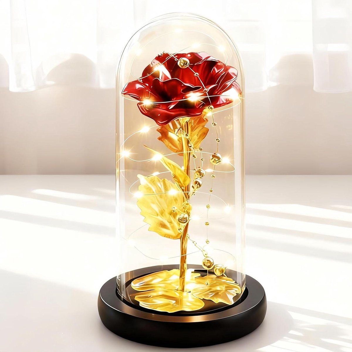 Galaxy Rozen Geschenk - Eeuwige Bloem - Cadeau Geven - Met LED Licht - 360 g - Rood met gouden lijn