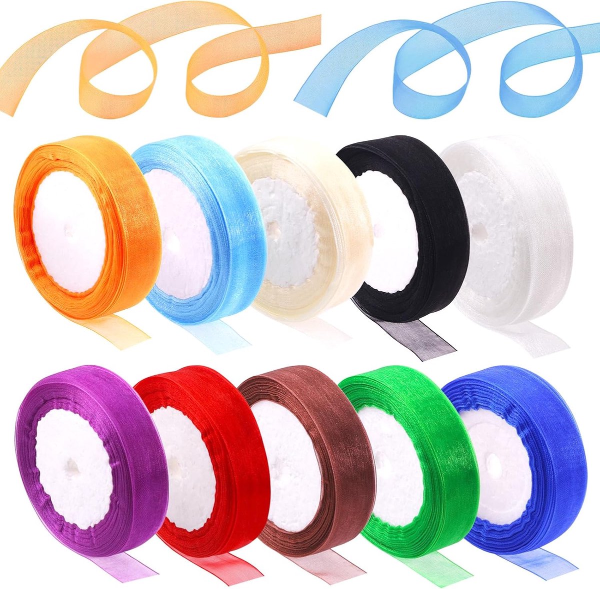 10 stuks 10 kleuren 2 cm x 25 m pure organza lint assortimentskit, transparante chiffon stof organza linten voor geschenkverpakking, Kerstmis, verjaardag, bruiloft, feestdecoratie (2 cm x 23