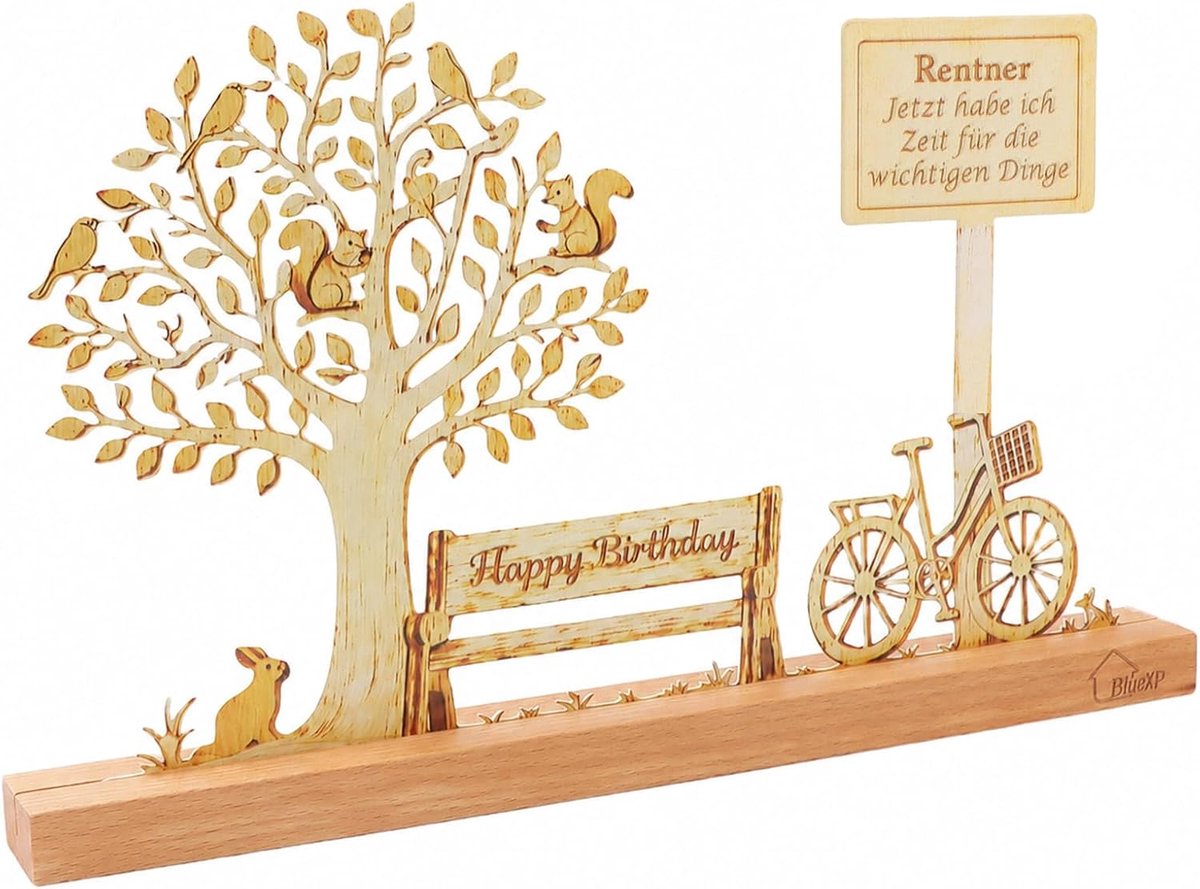 Cadeau Geldboom Hout met Levensboom Decoratie | Stijlvol afscheidscadeau voor collega vrouw of man met fiets en bank ontwerp