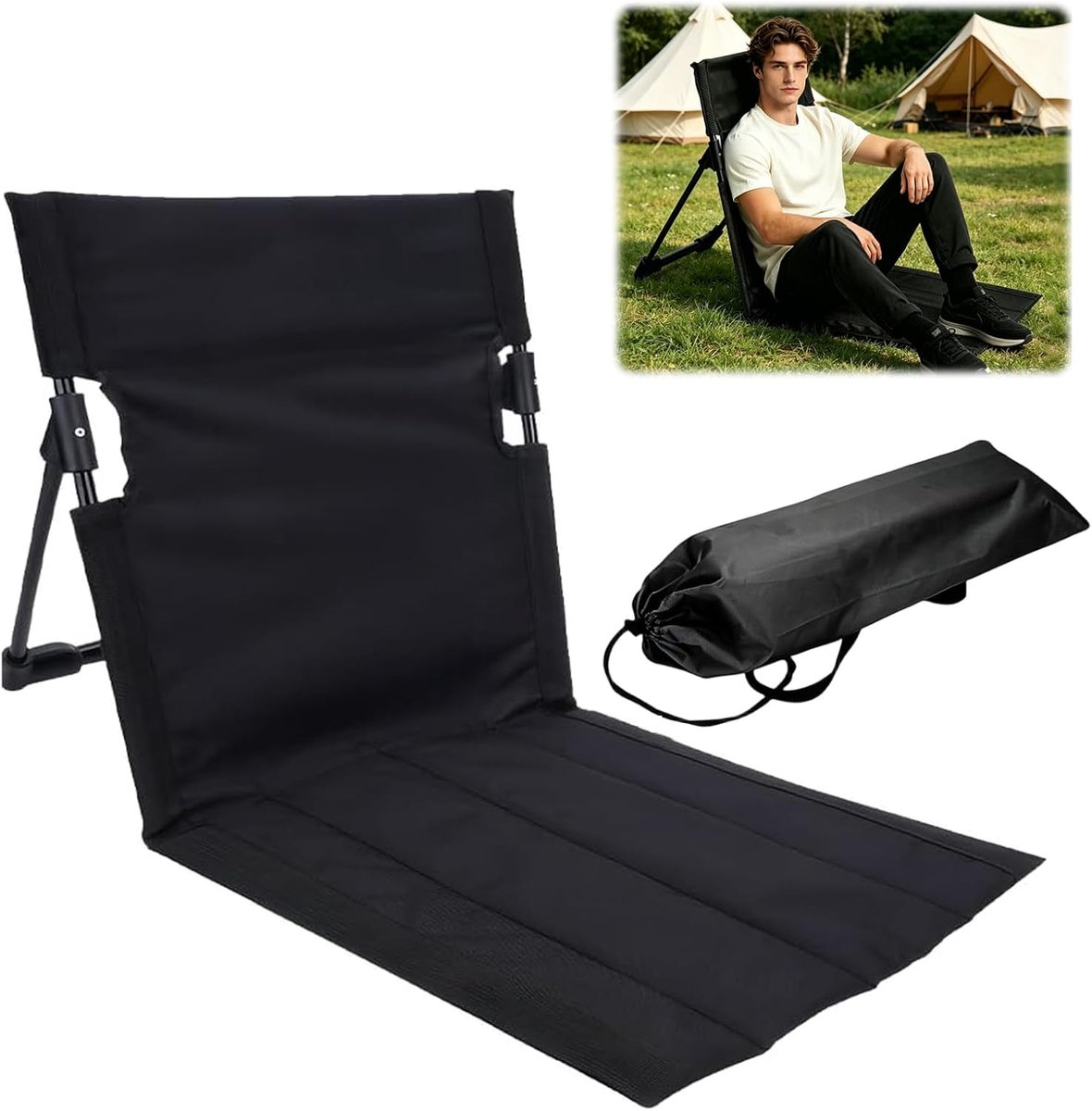 Strandstoel met rugleuning, vloerstoel, opvouwbaar zitkussen, outdoor, stadion zitkussen, draagbaar, meditatiestoel, strand, klapkussen, stoel, draagbare strandstoel voor picknick, tuin (zwart)