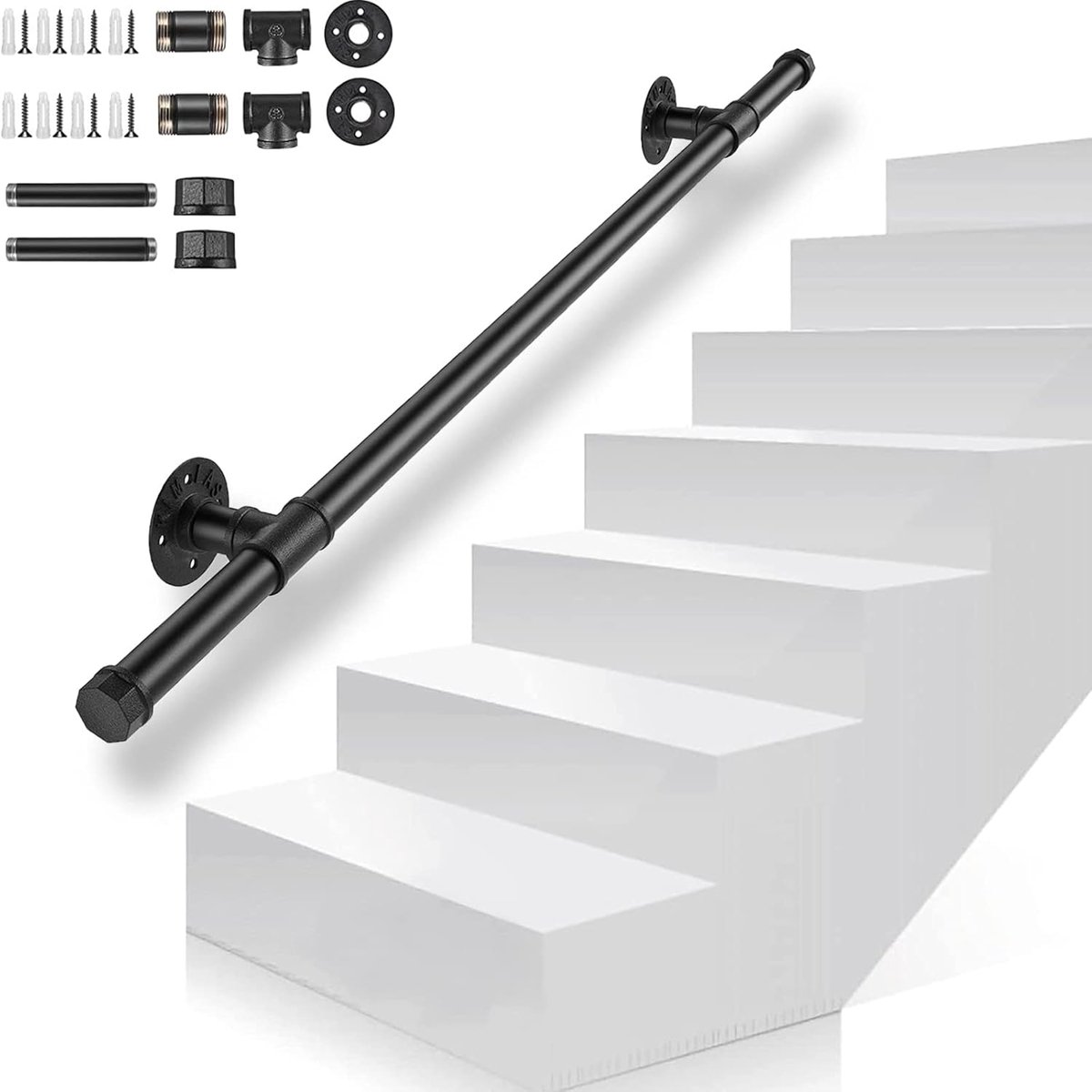Trapleuning, indoor trapleuning muurbevestiging, 100cm antislip leuning reling industriële gegalvaniseerde stalen buis handvat muur leuning indoor en outdoor antislip trapleuning trapleuning