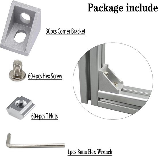 Hoekverbindingen voor aluminiumprofielen, set van 20, 28 mm, met schroeven, voor 20 x 20 serie, 6 mm groef (zilver, 30 stuks x 2028) — afbeelding 2