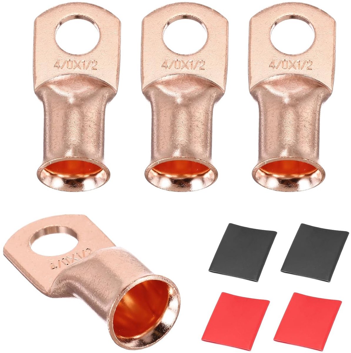 4 stuks 4/0 AWG M12 batterijlussen ringklemmen 1/2 inch 12 mm bout krimpdraadaansluiting connector einde koper 3:1 krimpkous goud;