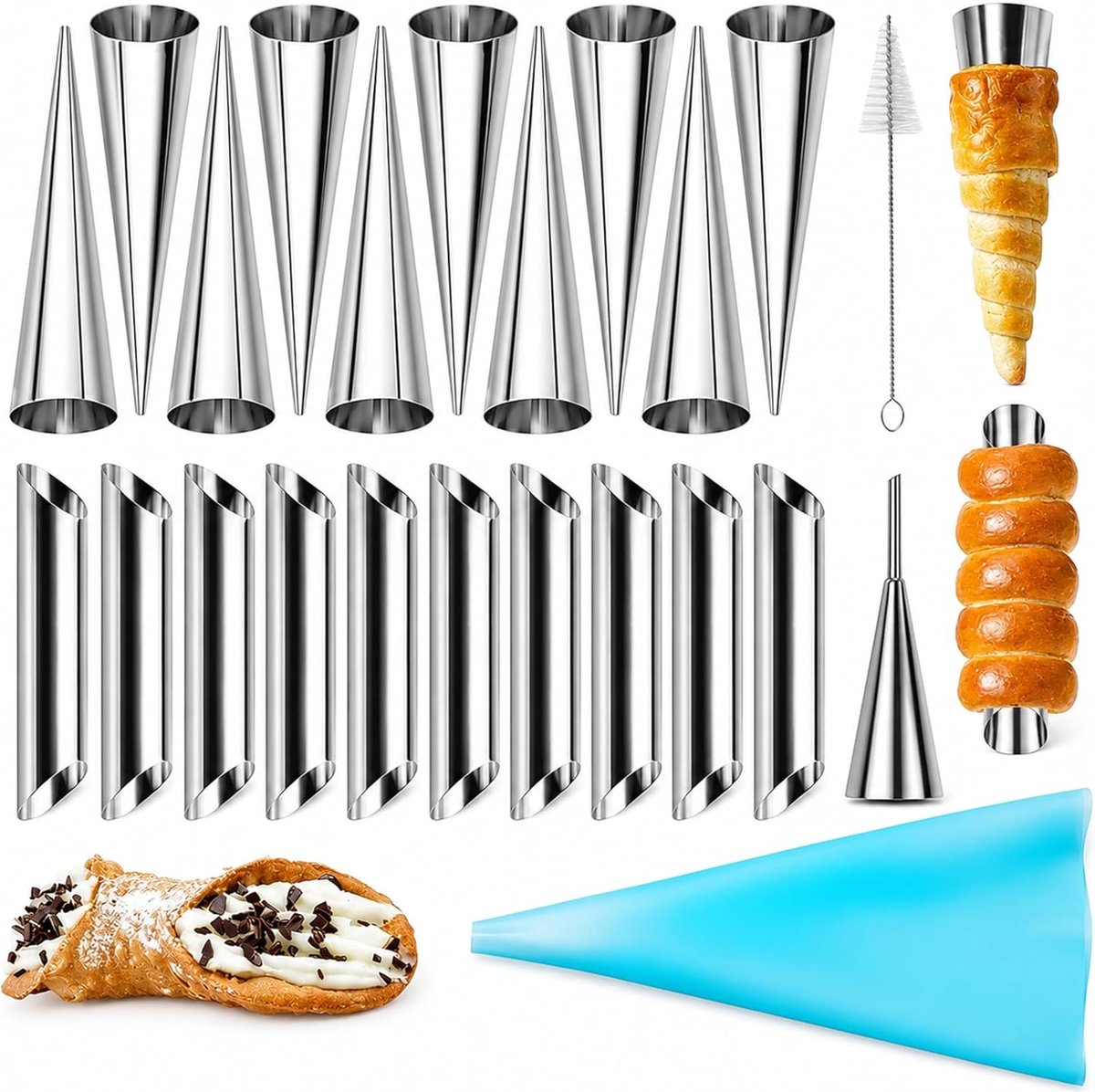 Cannoli bakvorm set 23-delig, RVS buisjes met reinigingsborstel | Gebakshoornvormen voor croissants, bladerdeeg en roomrolletjes, glad oppervlak voor makkelijk lossen, vullen en reinigen