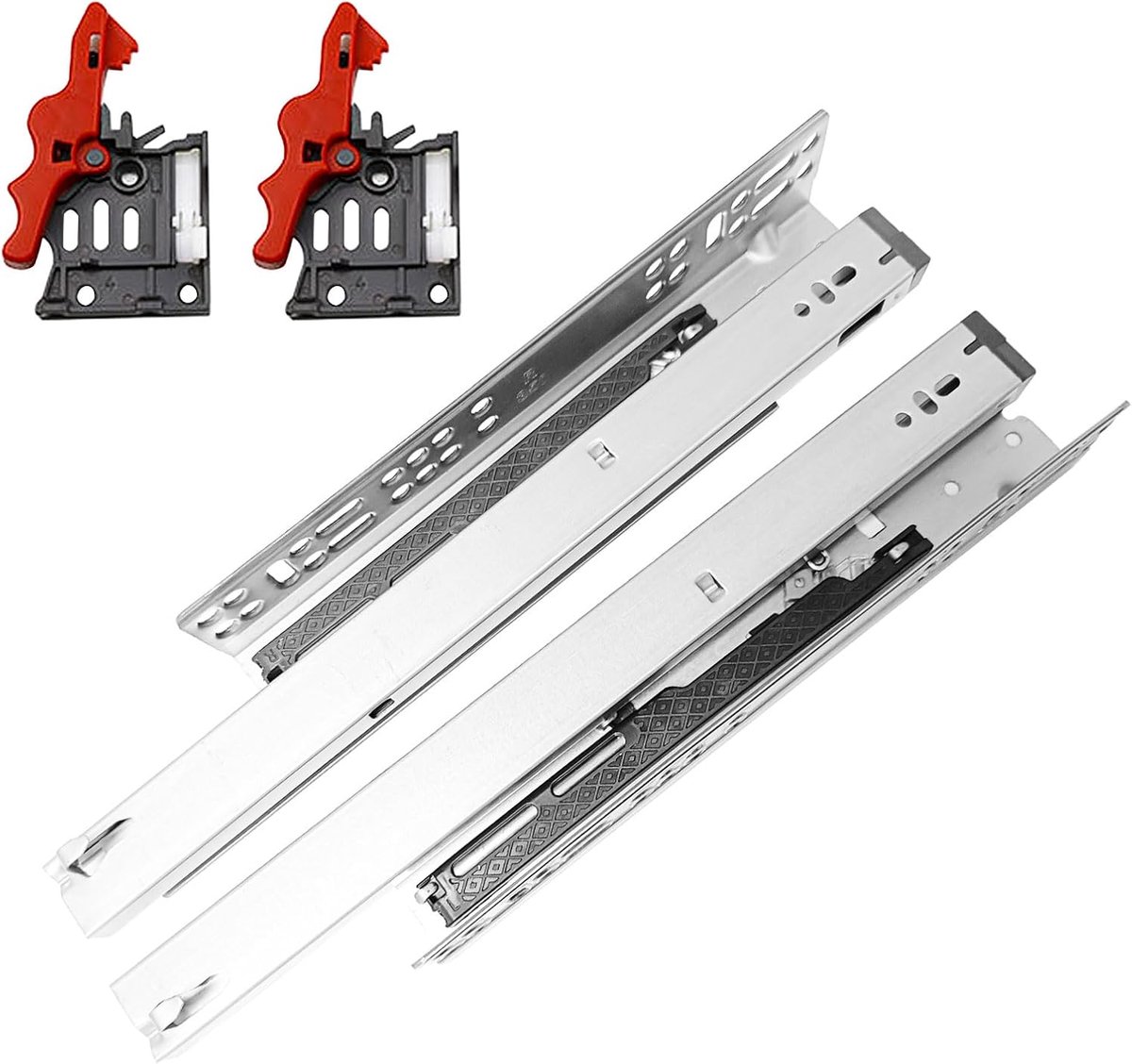 Uittrekstang voor zware lasten, vloermontage, 1 paar ondervloergeleiding, volledig uittrekbaar 400 mm | Uittrekbare rails met afneembare greepclip, laderails zelfsluitend met demping