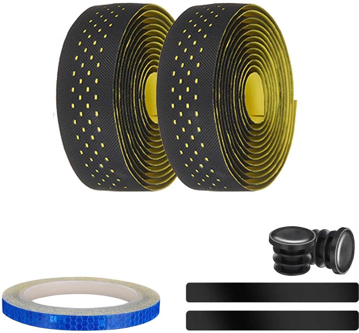 Fietsstuurband voor racefiets, antislip plakband met waterdichte lijm, 2,5 mm dik, met wielbehuizingssticker, reflecterende stickers en eindstrips (geel)