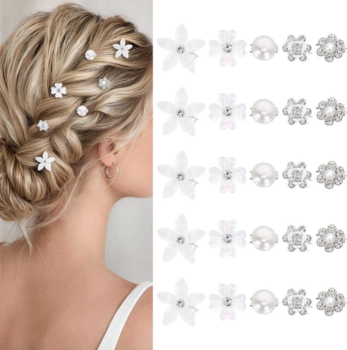 Haarspelden met witte bloemen en parels voor dames, 25 stuks | metaal, bruiloft & Oktoberfest, voor meisjes, dirndl & bruid, mini-haarspelden