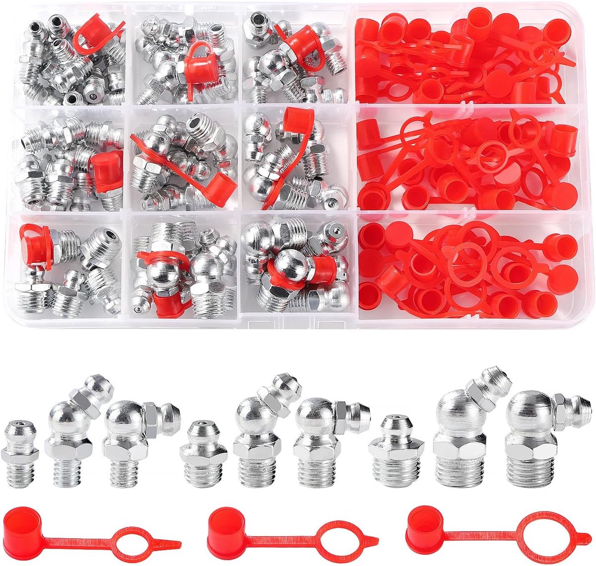 120 Stuks M6/M8/M10 Smeernippelassortimentset, Recht 90° 45° Hydraulisch Smeernippelassortiment, Conische Smeernippel, met Kunststof Smeernippelkap, voor Vetspuiten Mechanisch