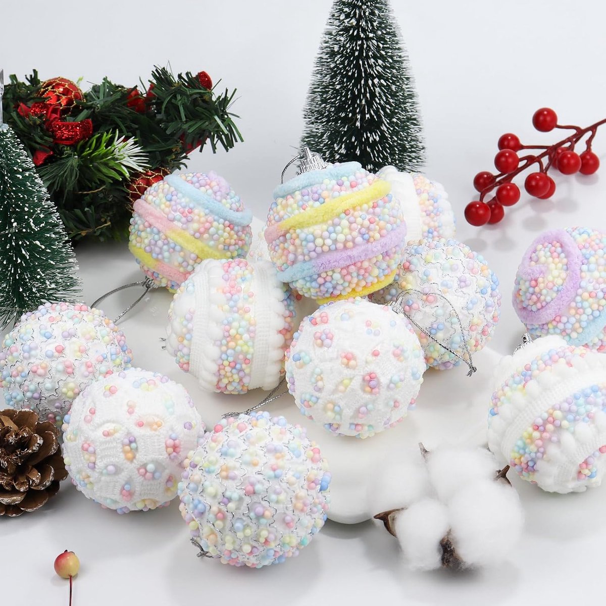 16 stuks macaron kerstballen ornamenten, 6 cm Onbreekbare plastic hangende kerstballen, boomornamenten voor kerstboom, vakantie, bruiloft, verjaardagsfeestdecoraties