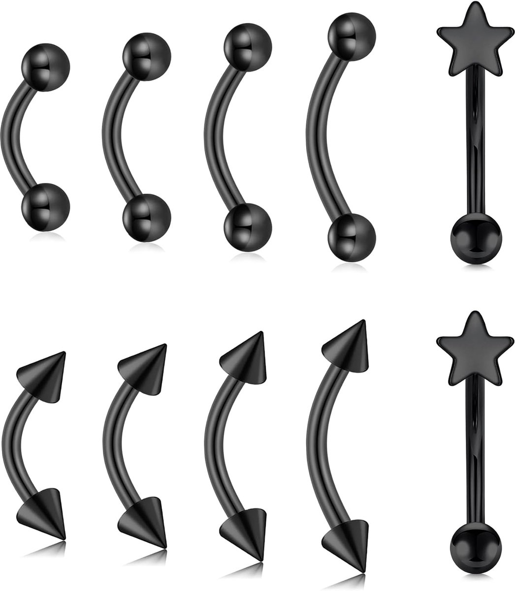 16G Curved Barbell - chirurgisch staal, voor lip/oog/oor, 6-10 mm