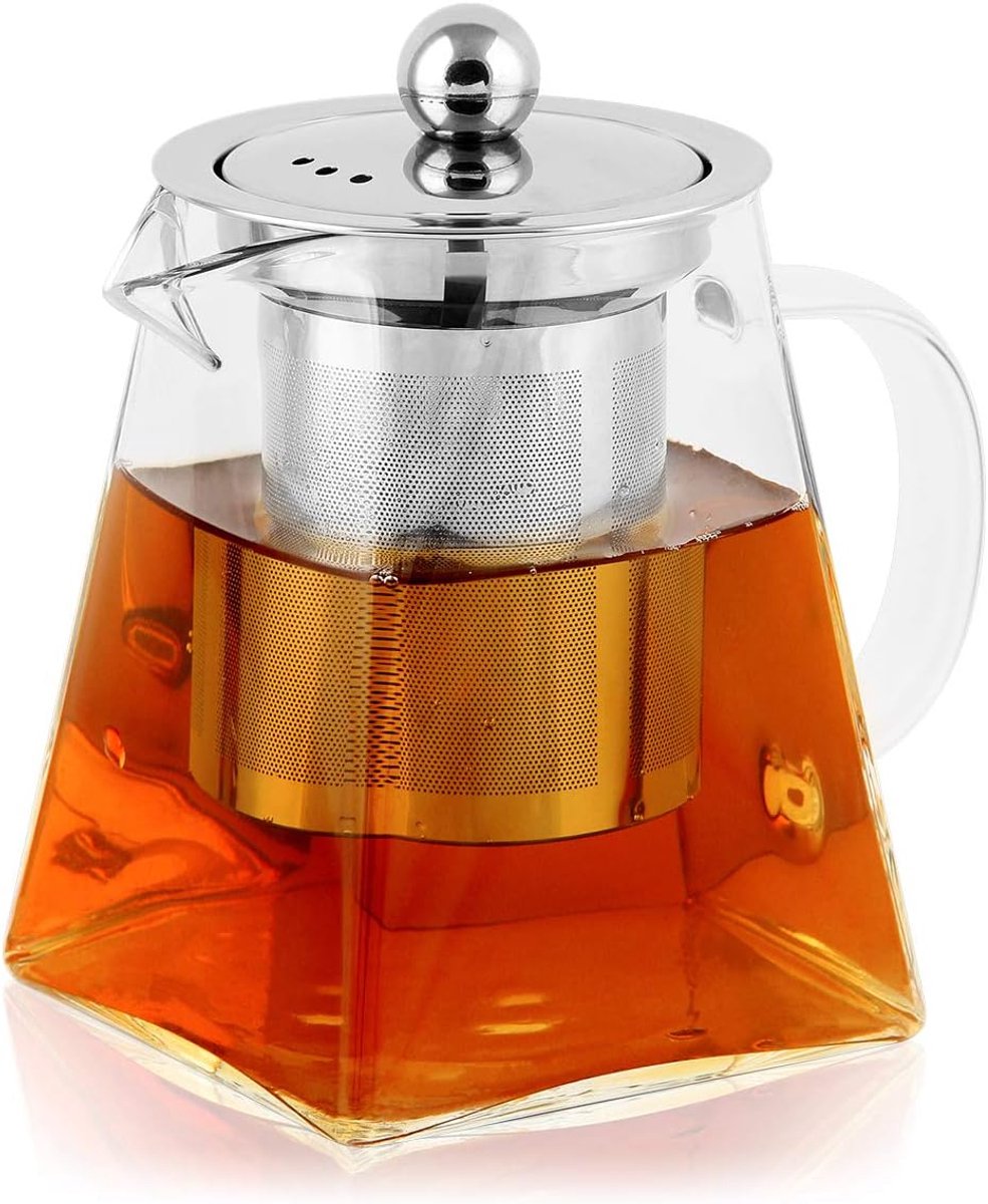 Theepot van glas met zeef, 900 ml, kleine theepot met zeef, borosilicaatglas, glazen kan met zeef voor thee, hittebestendig theemaker voor losse thee