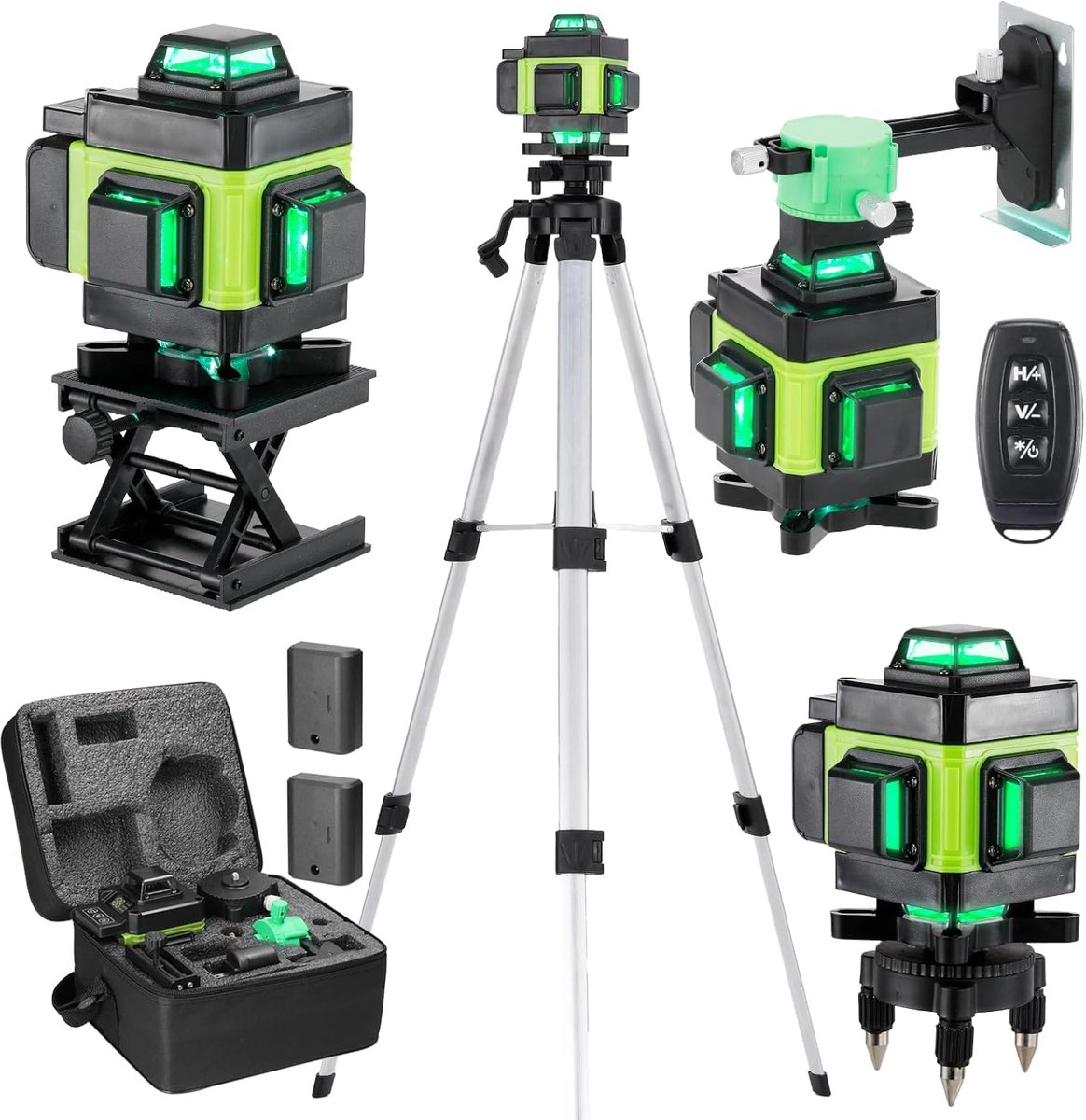 Kruislijnlaser Groen 4x360° met Statief – Zelfnivellerend – Bluetooth – 2x 2400mAh Accu