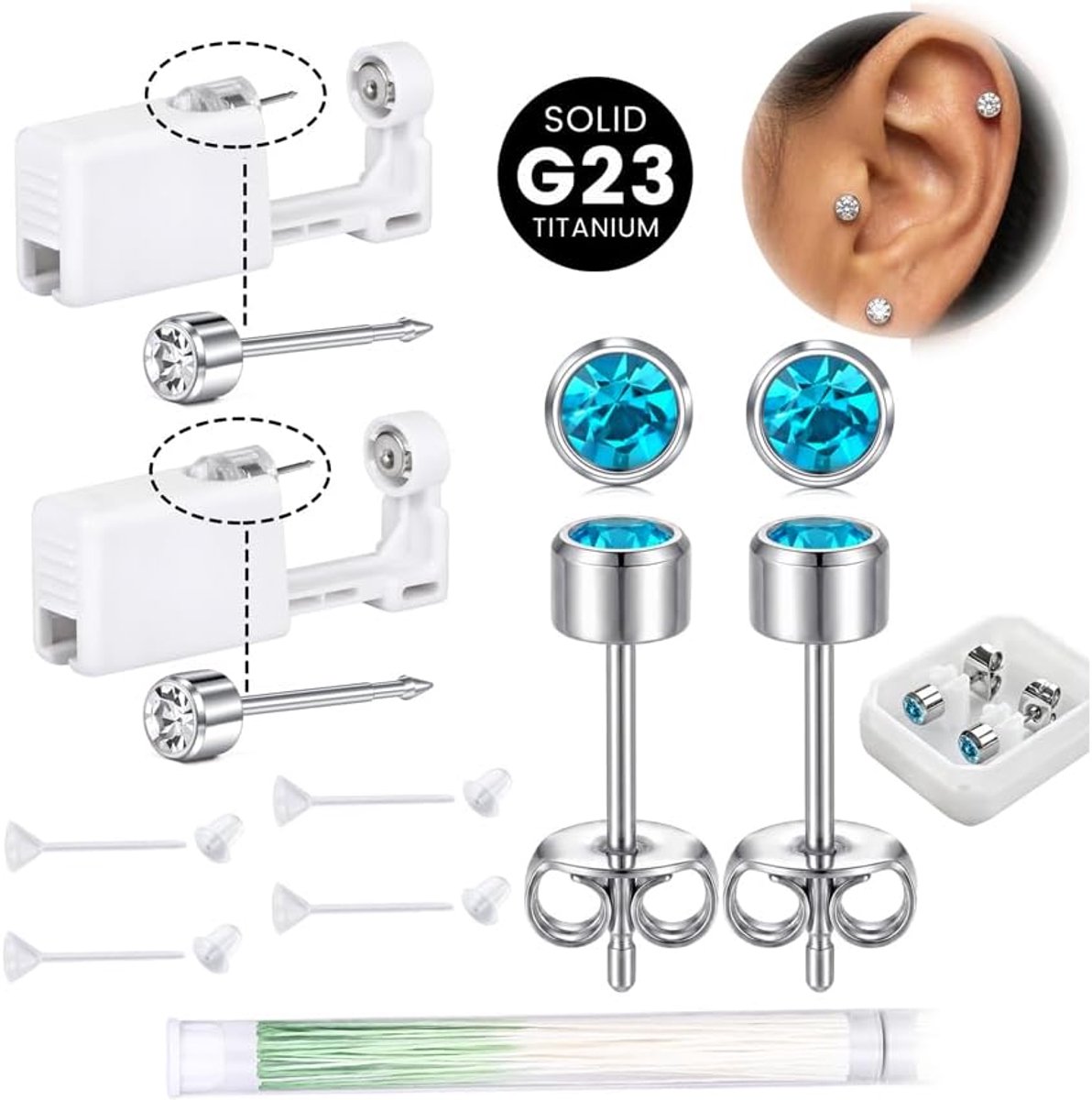 2 stuks G23 titanium oorstekers, pistool met witte zirkonia, piercingset, oorpiercingset voor oorstekers thuis, oorstekers voor professionele piercing