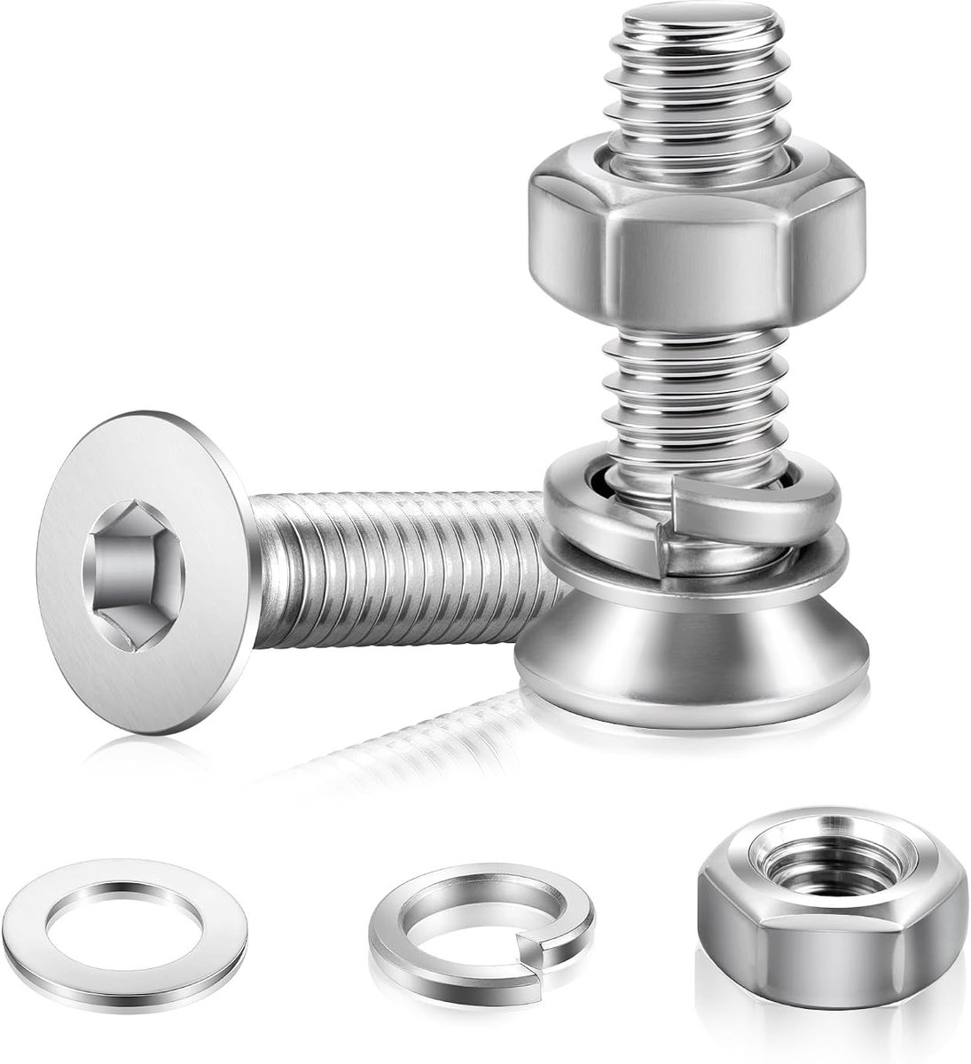 80 stuks schroevenset M6 x 30 mm verzonken kopschroeven moeren set platte kopschroeven binnenzeskant schroeven roestvrij staal machineschroeven assortiment met moeren schroefdraadschroeven