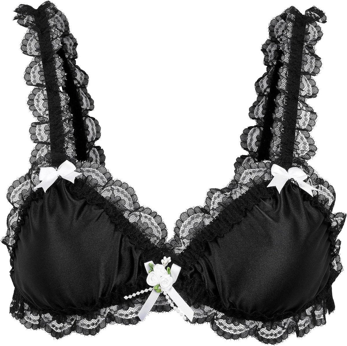 Satijnen Bralette Ruches Kant Lingerie | Satijnroosjes, Kunstparels, Elastische Onderborstband, Strikjes op Bandjes, Veelzijdig, Maten S-XXL