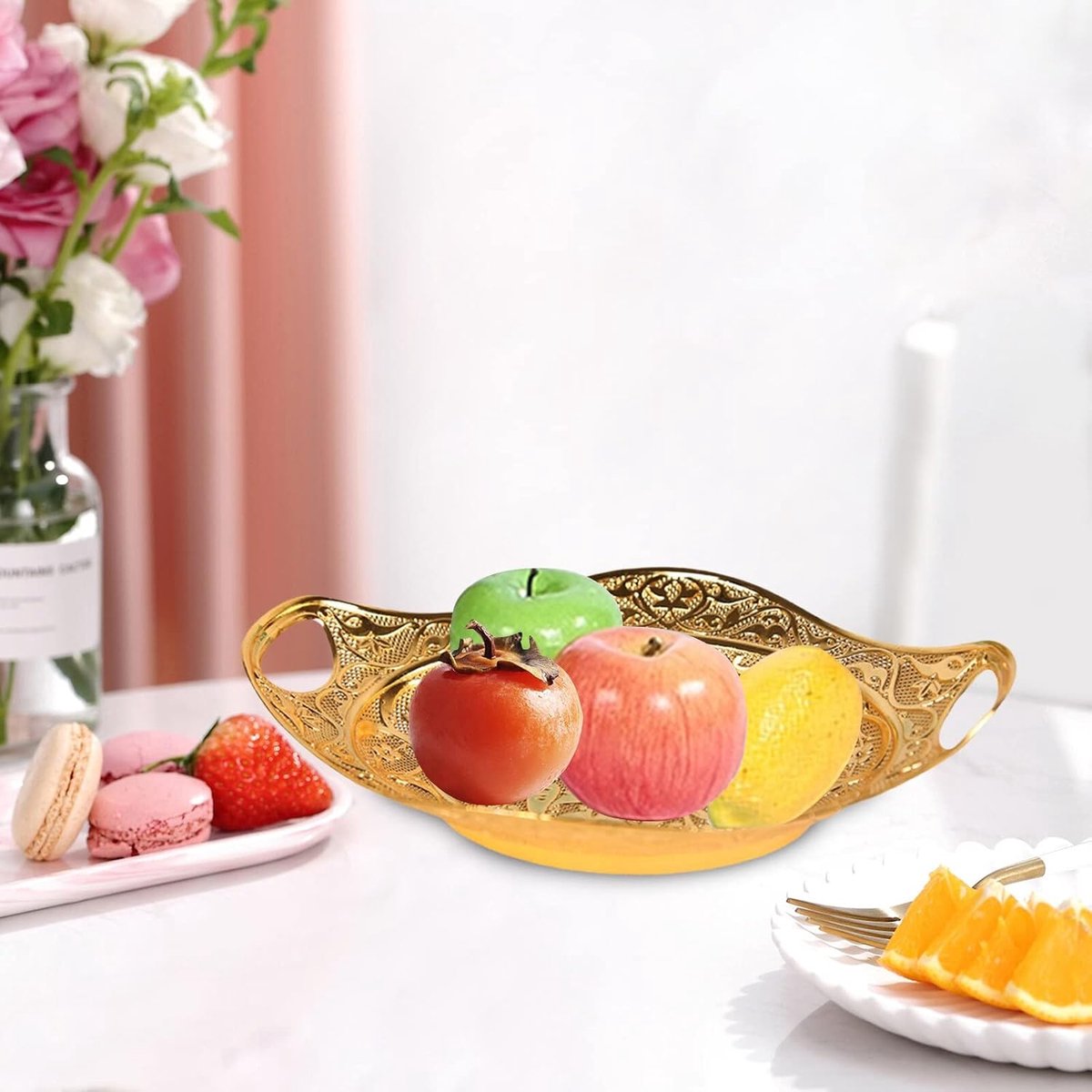 Fruitschaal fruitschaal gouden fruitplaat sieraad oorbellen ketting schotel decoratieve cupcake snoep snack dienblad kom middenstuk home party decor (kleur: met handvaten)