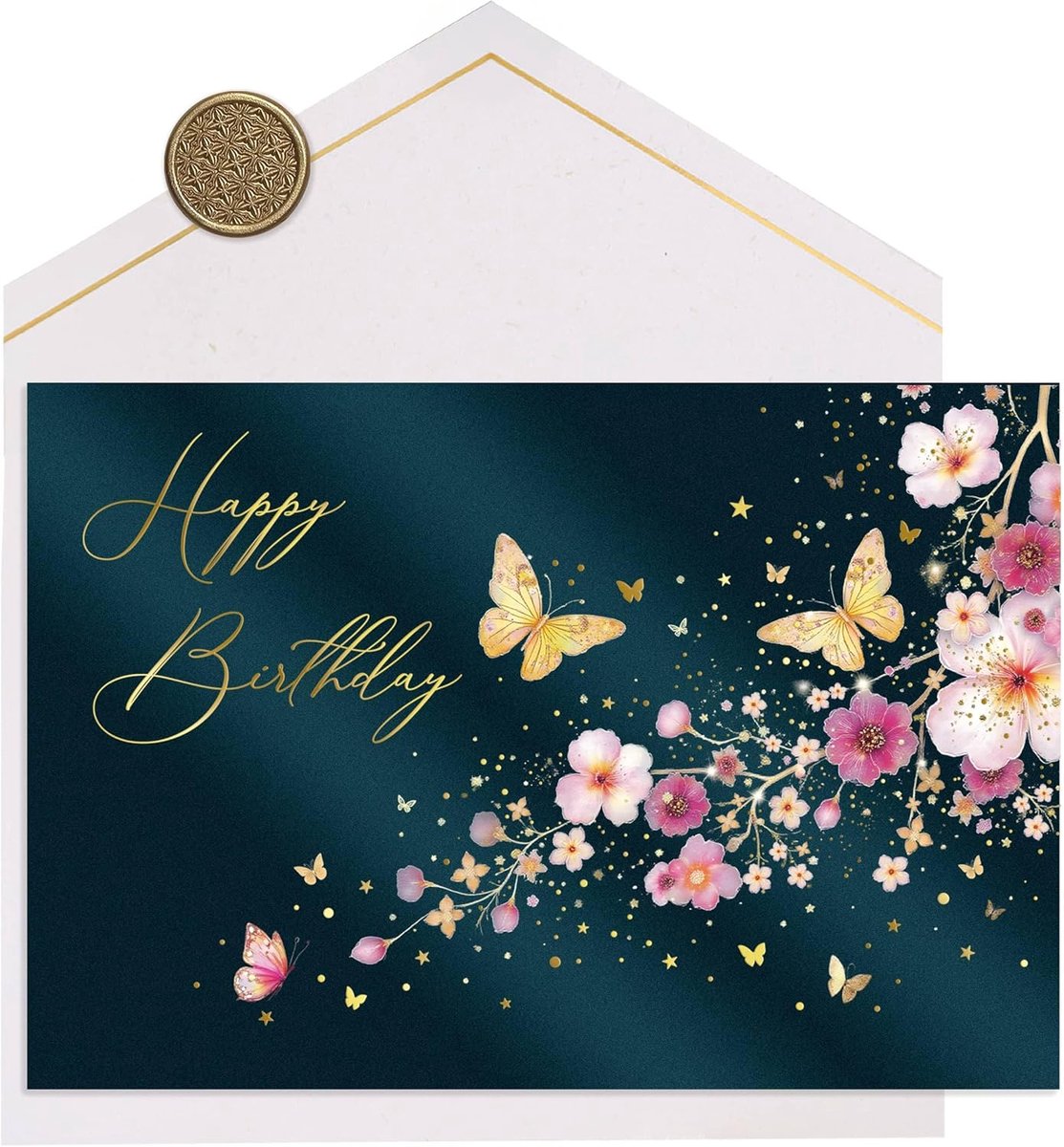 Premium verjaardagskaart STARDUST Cherry Blossom - Verjaardagskaart met envelop van premium papier en echte lakzegel | 350 g parelmoerpapier, glinsterend effect, goud veredelde fijne papieren envelop, voor persoonlijke verjaardagswensen